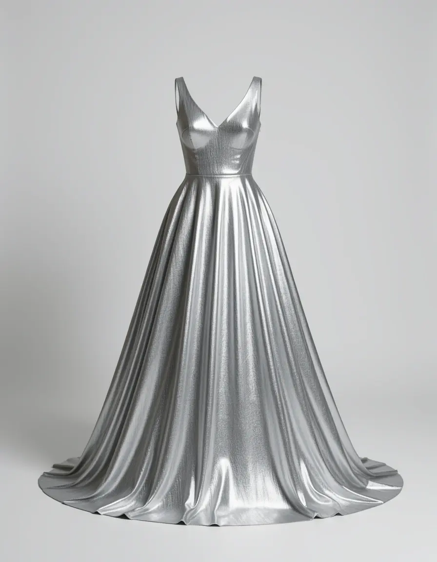 Abito lungo metallizzato argento stile disco anni 80