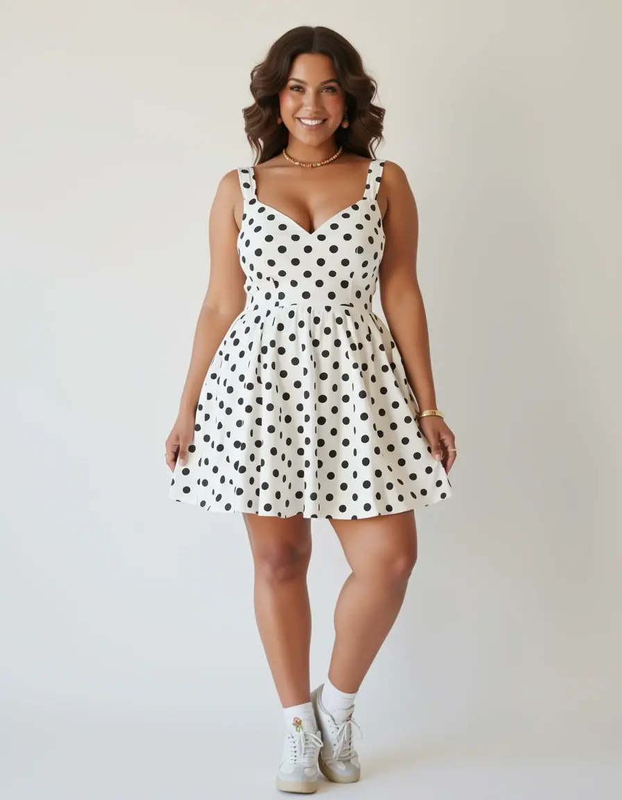 Vestito bianco a pois neri stile vintage anni 80