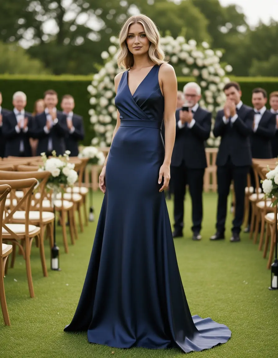Vestito lungo in raso blu navy elegante