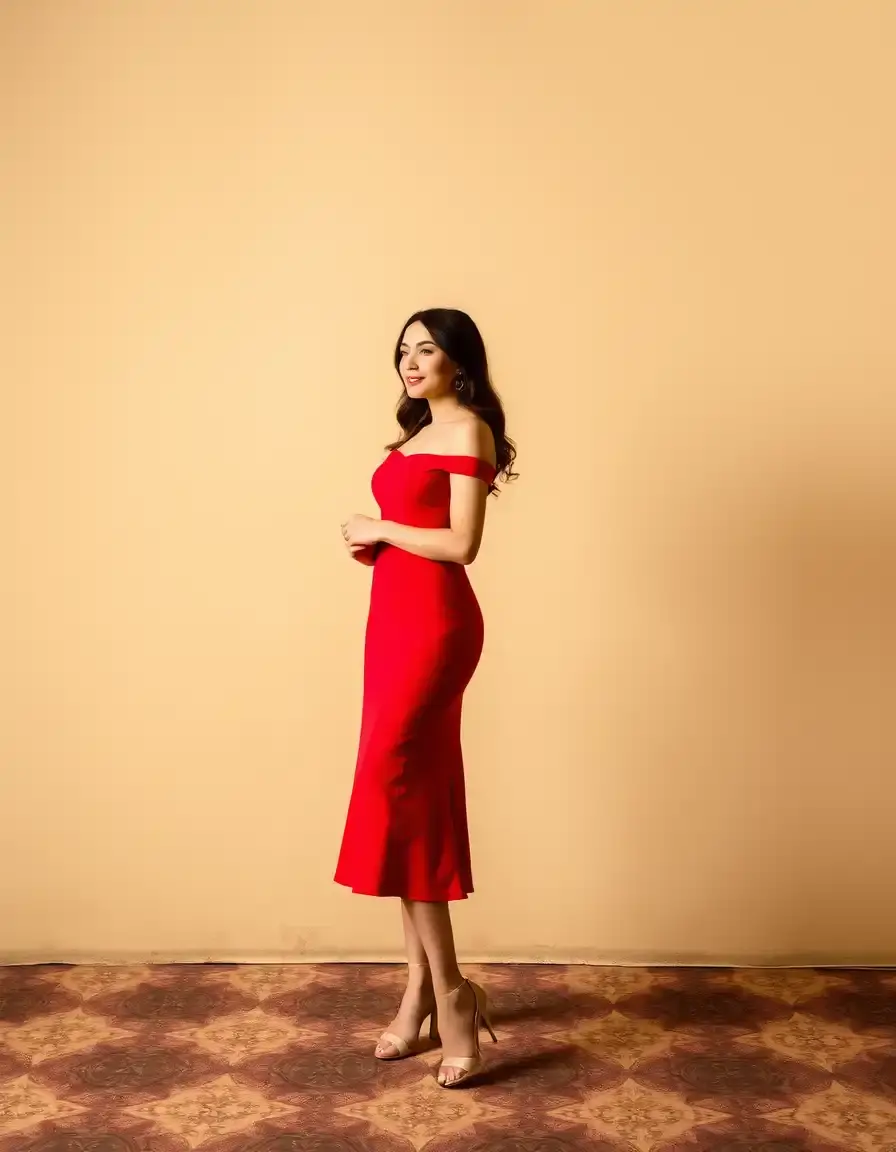 Vestito elegante rosso midi spalle scoperte