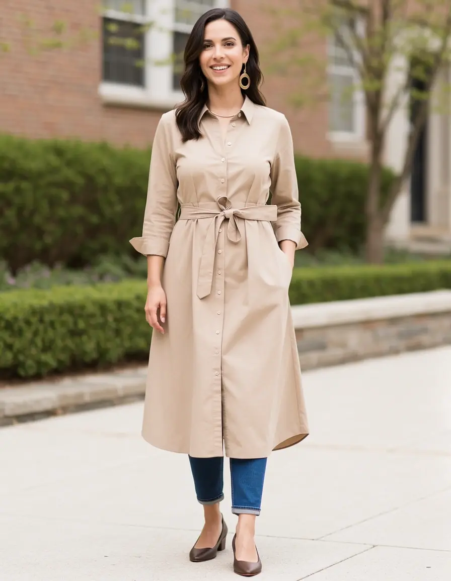 Abito a camicia beige con cintura chic