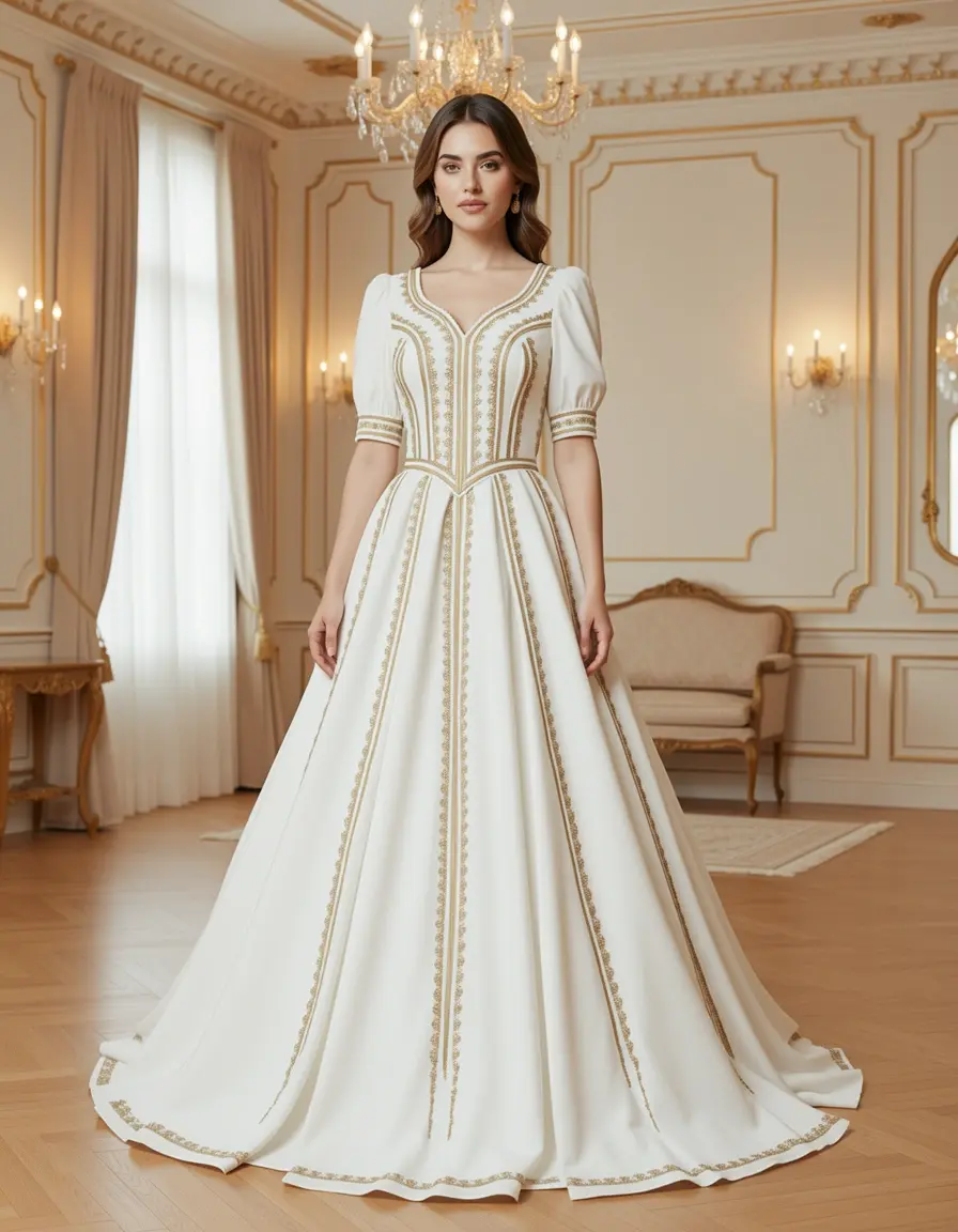 Abito bianco con profili oro