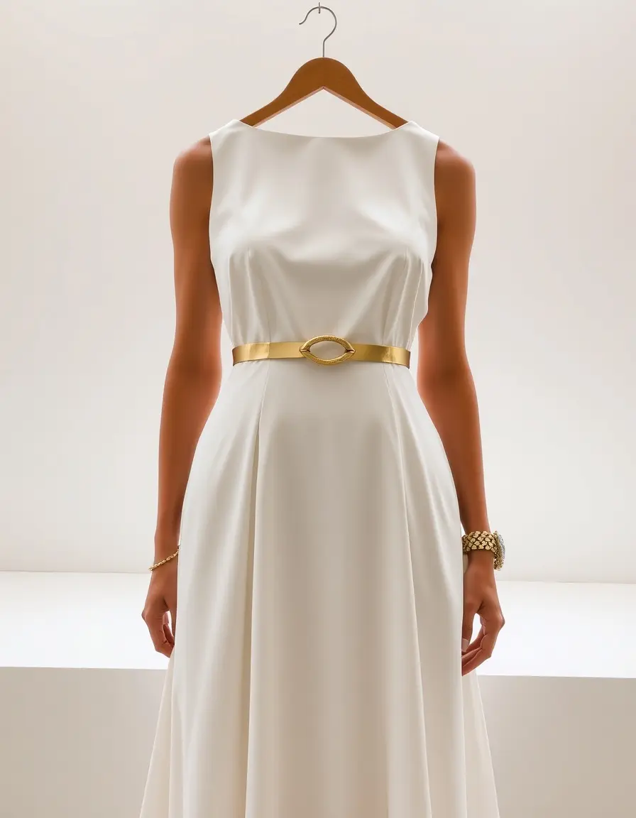 Vestito bianco con cintura oro