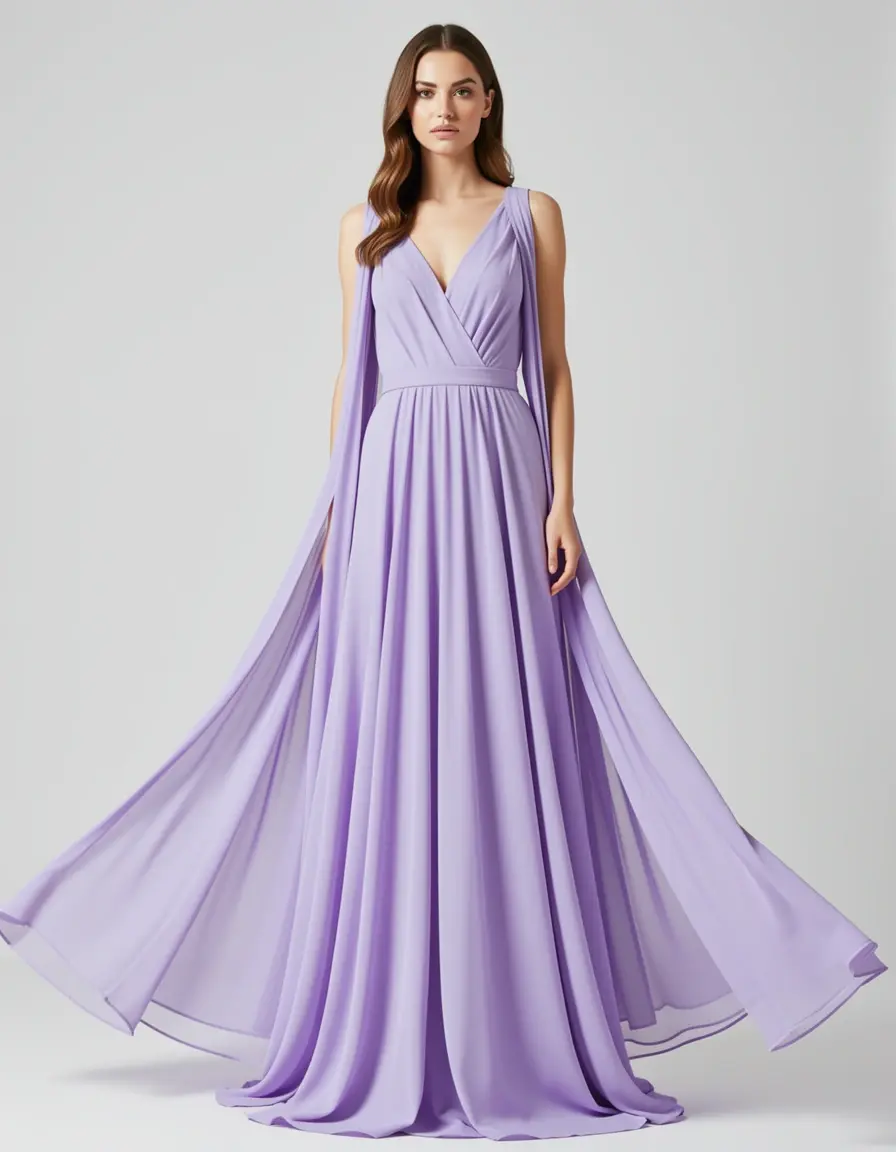 Vestito lungo elegante in chiffon lavanda