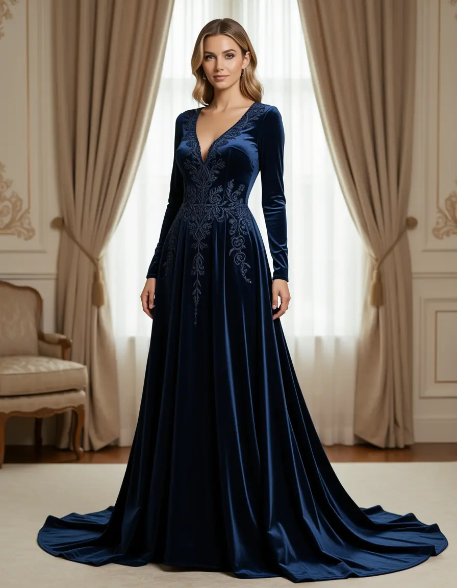 Vestito lungo elegante in velluto navy