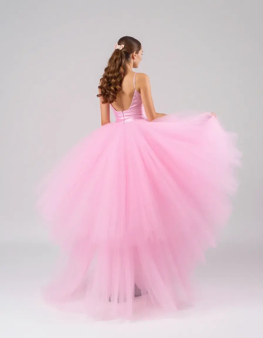 Vestito lungo elegante stile ball gown in tulle rosa
