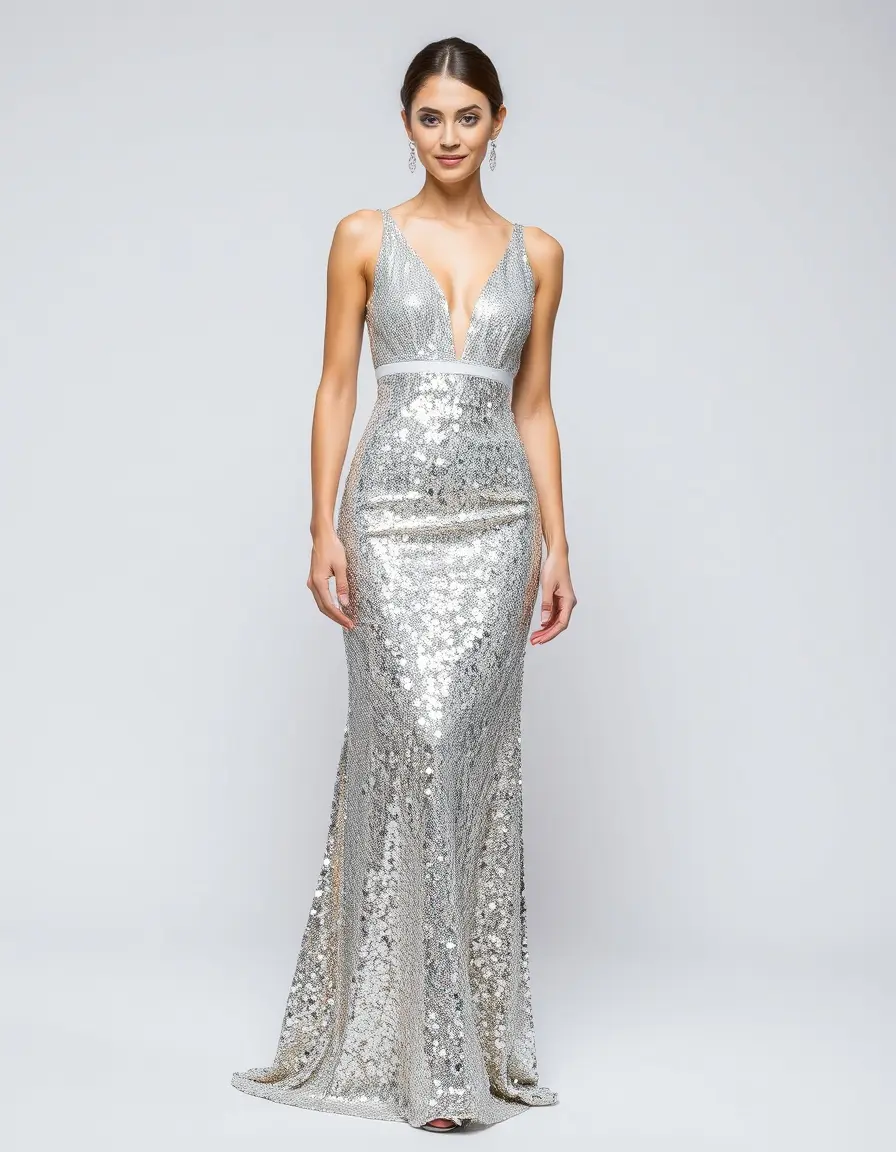 Vestito lungo elegante con paillettes argento