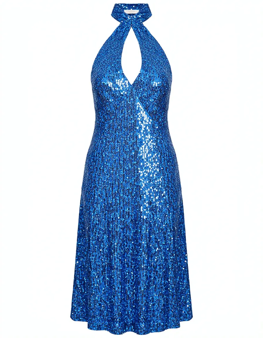Vestito paillettes blu scollo halter