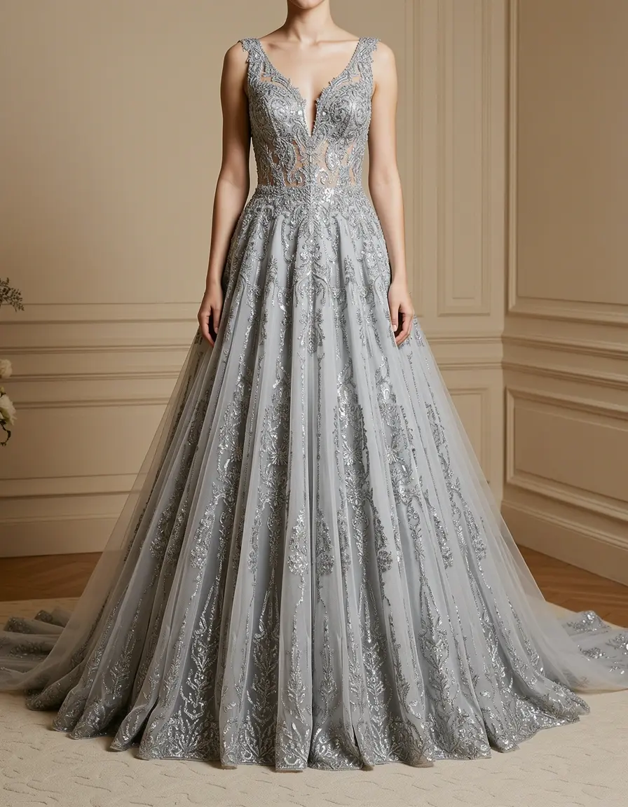 Chiffon Beaded Gown argento