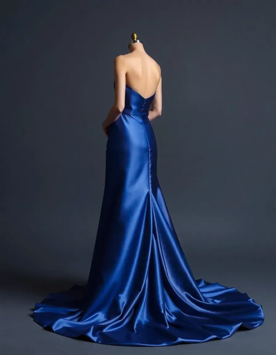 Vestito formale in raso blu con strascico
