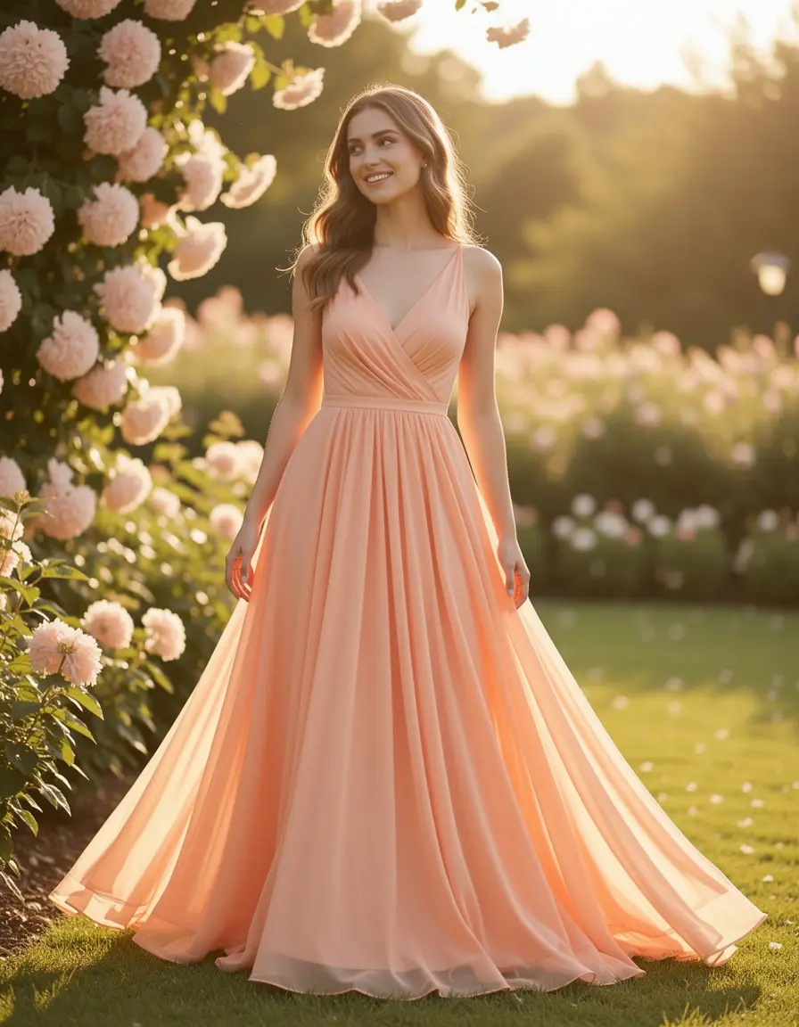 Abito lungo in chiffon color pesca