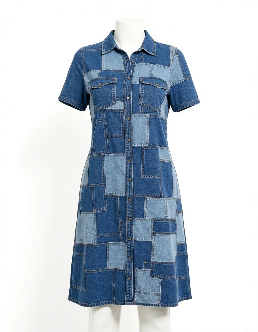 Vestito denim patchwork con diverse tonalità