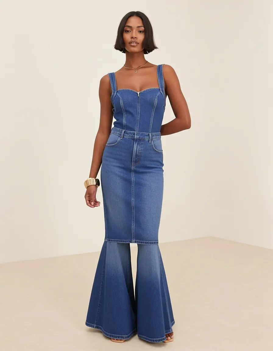 Vestito jeans con gonna a ruota svasata