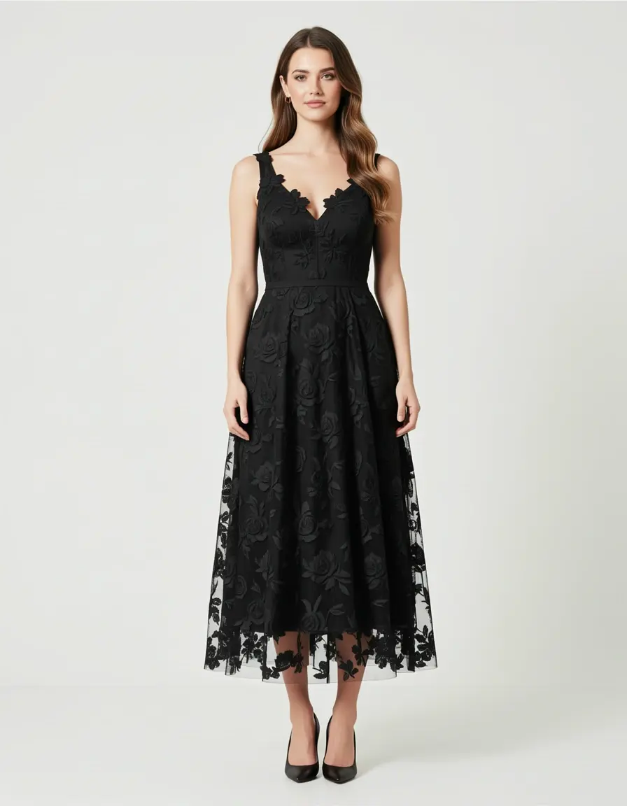 Floral Nero Midi - Vestito midi nero a fiori elegante