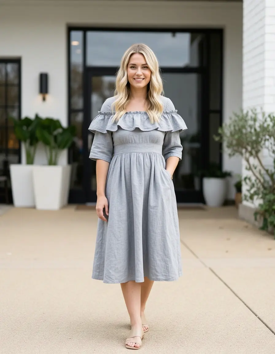 Ruffled midi casual dress con volant