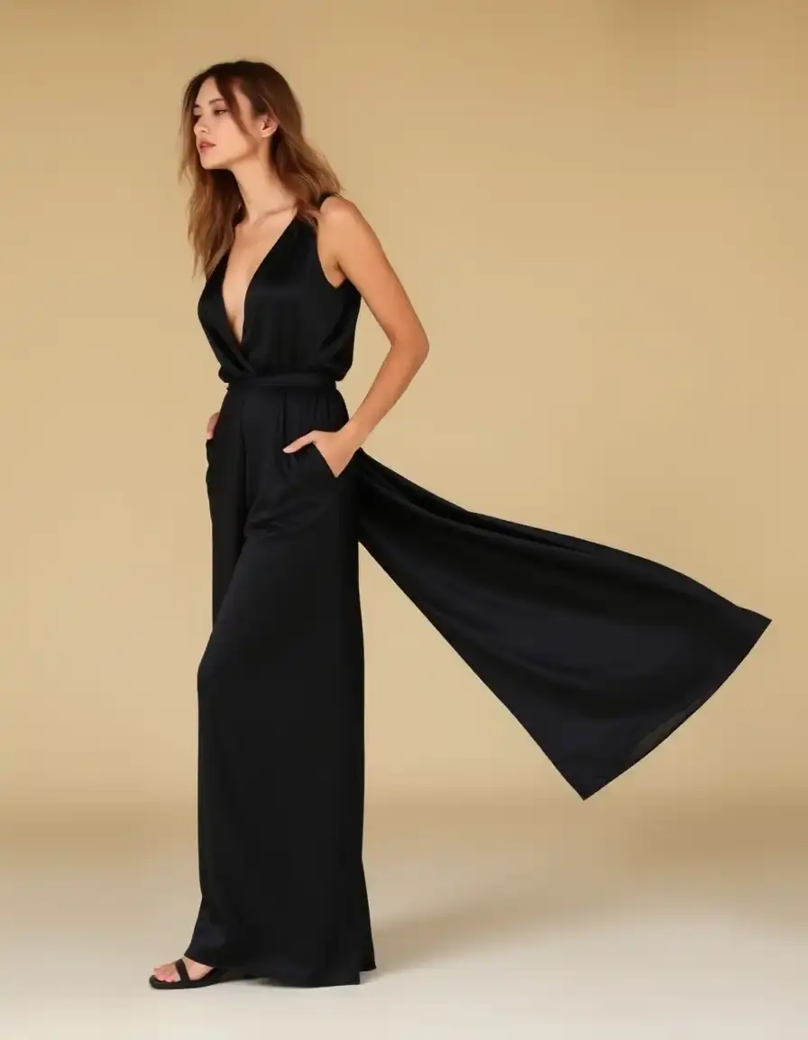 Tuta elegante donna gamba larga seta nera