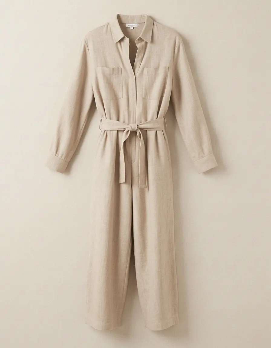 Tuta beige lino con cintura donna