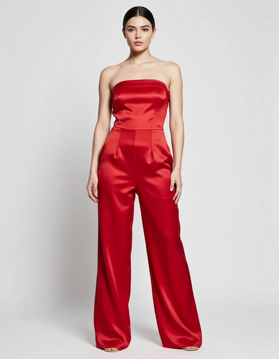 Tuta rossa elegante satin senza spalline