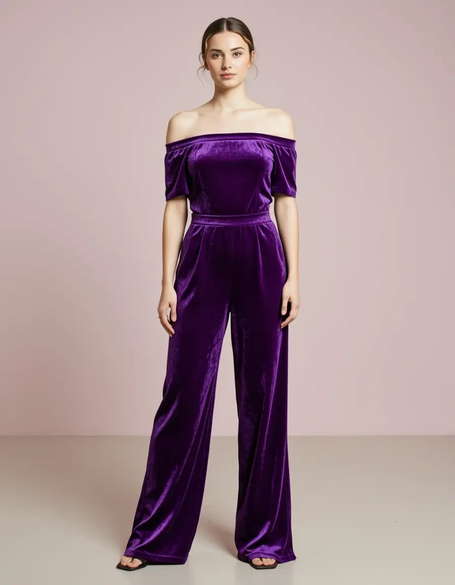Tuta velluto viola elegante spalle scoperte