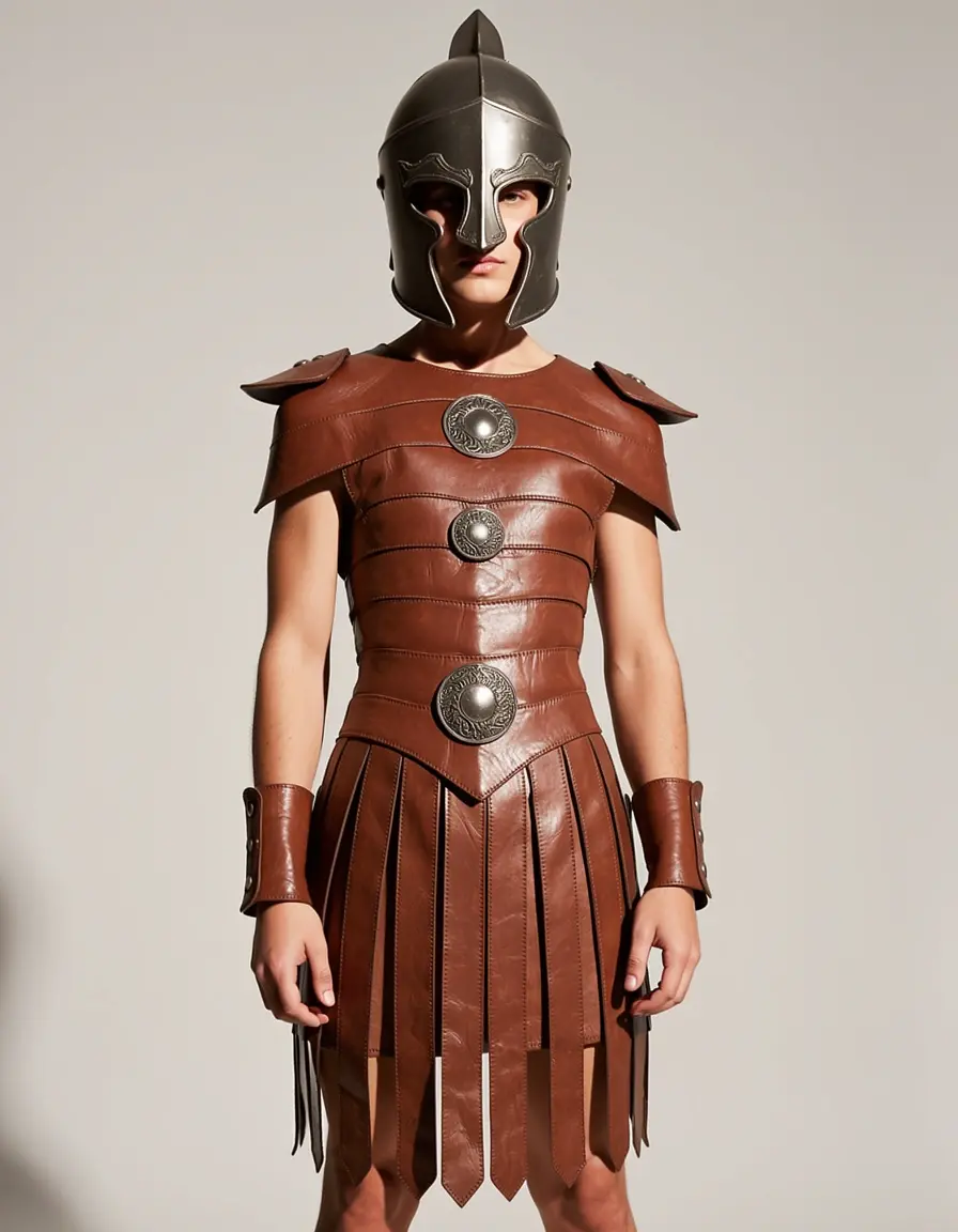 Roman Gladiator Attire con elmo e dettagli pelle