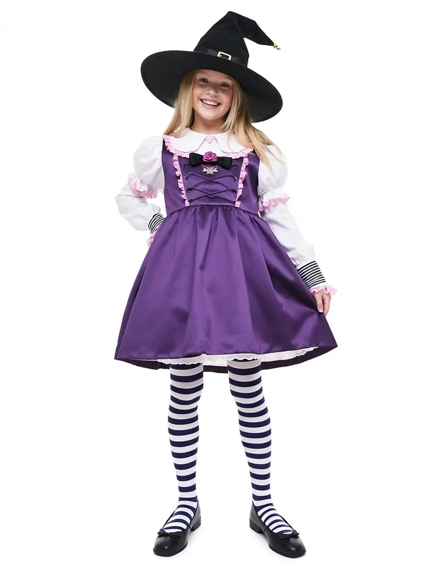 Costume da piccola strega con calze a righe per carnevale