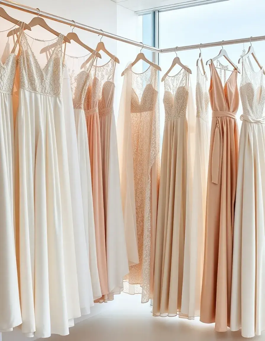 Una collezione di vestiti eleganti da cerimonia in vari tessuti preziosi