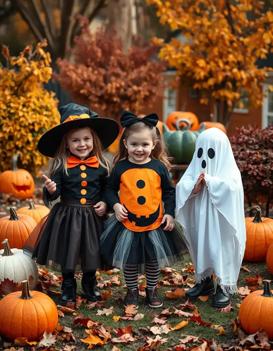 Bambine che indossano vari vestiti halloween bambina in un giardino autunnale