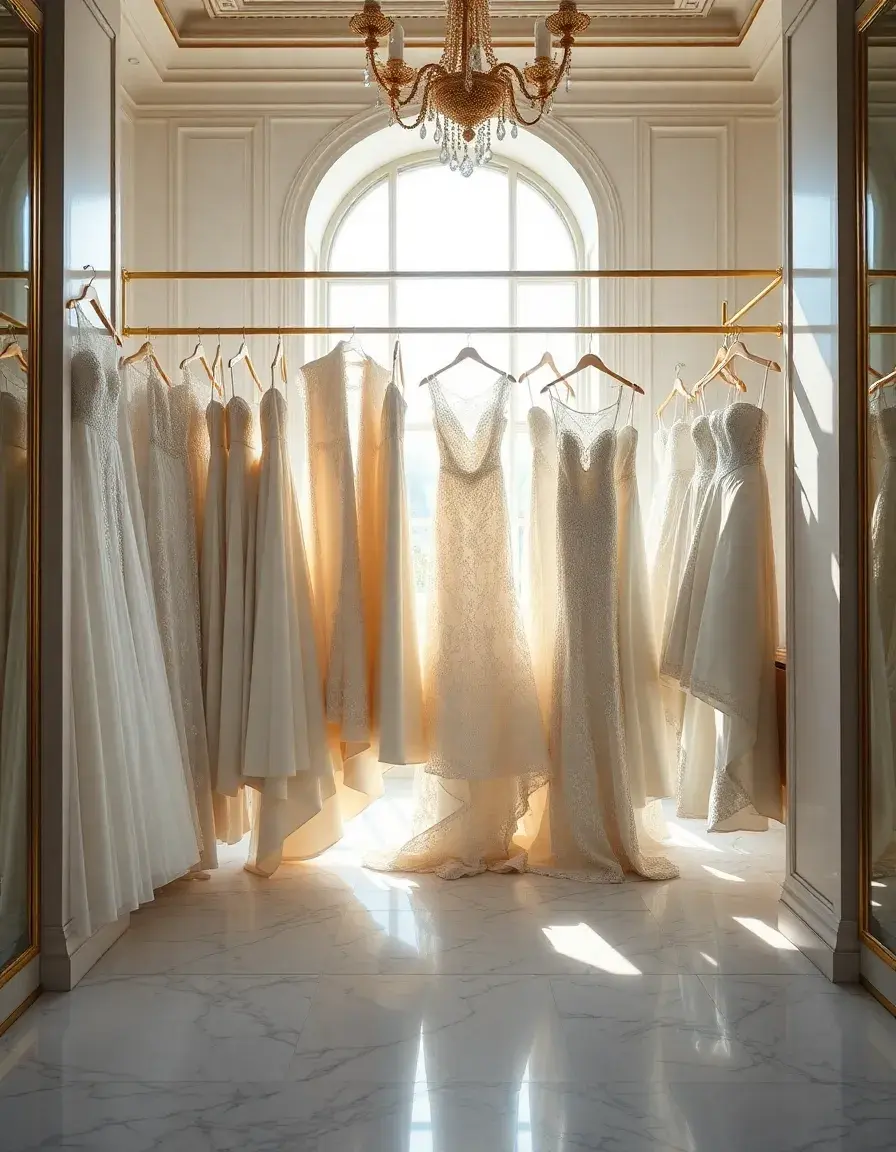 Eleganti vestiti matrimonio esposti in una boutique di lusso luminosa