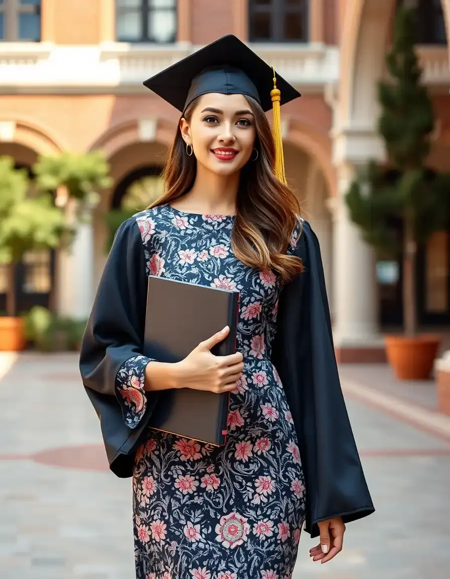Elegante vestito per la laurea indossato da una studentessa in un cortile universitario
