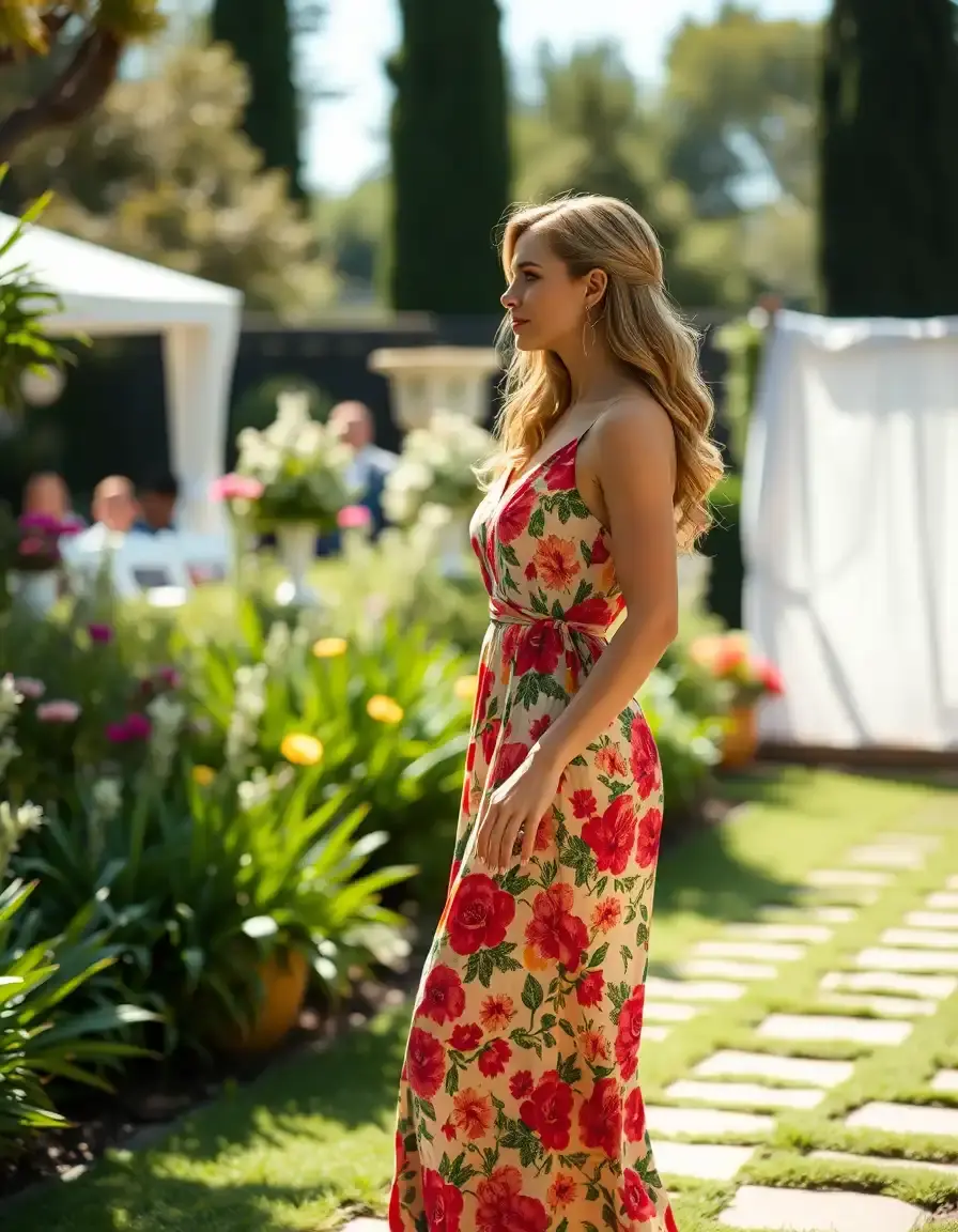 Elegante donna con vestito lungo floreale ad un matrimonio all'aperto.