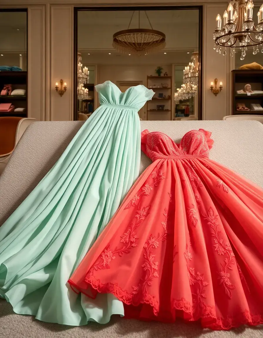 Eleganti vestiti da cerimonia donna disposti in una boutique di lusso