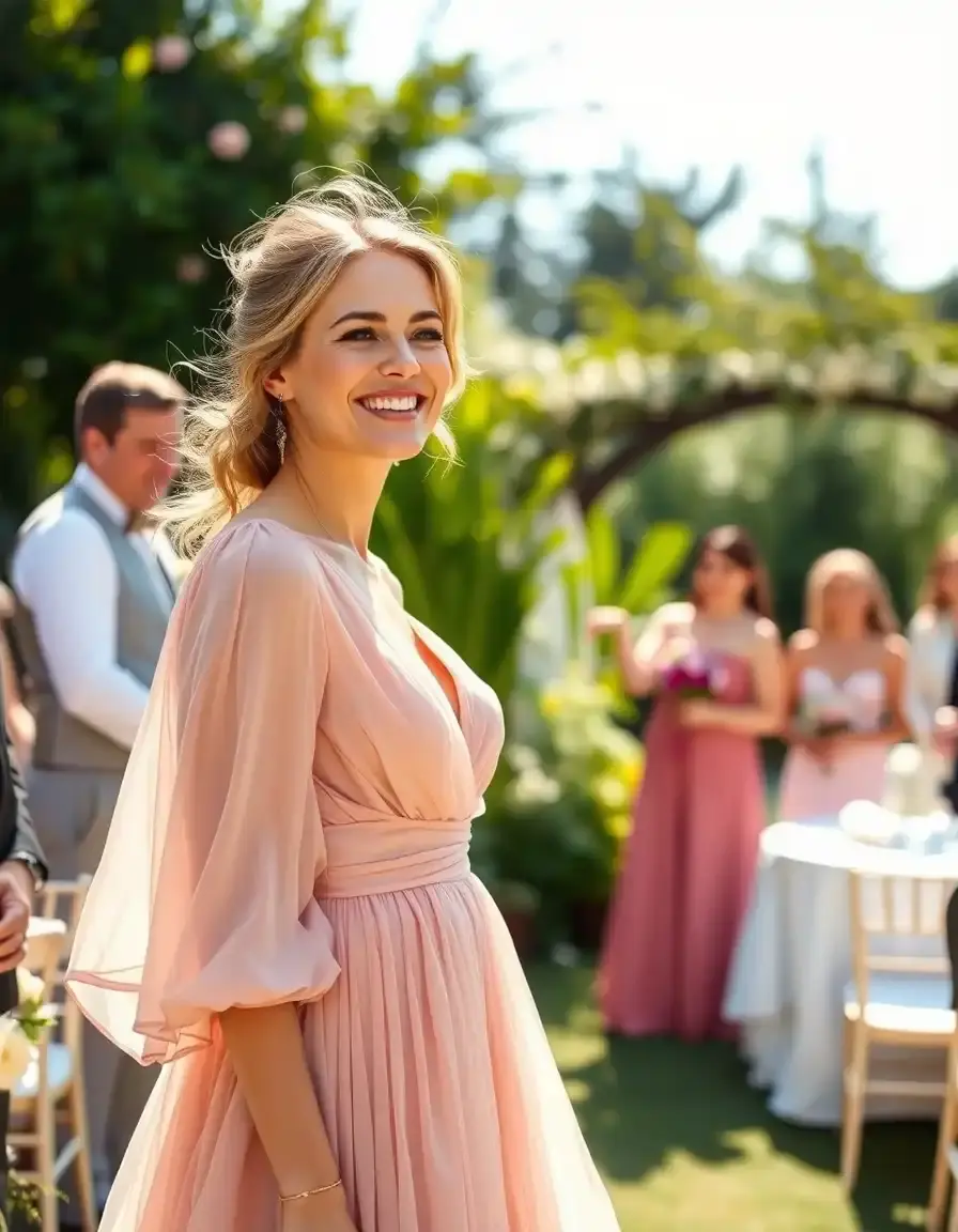 Donna elegante con abito in chiffon pastello a un matrimonio all'aperto.