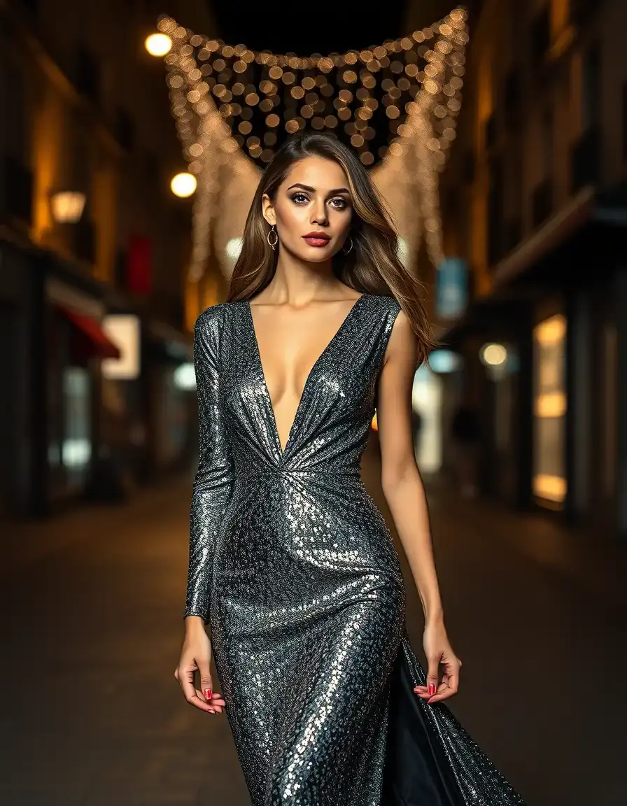Donna elegante con abito scintillante per vestiti per serate in città