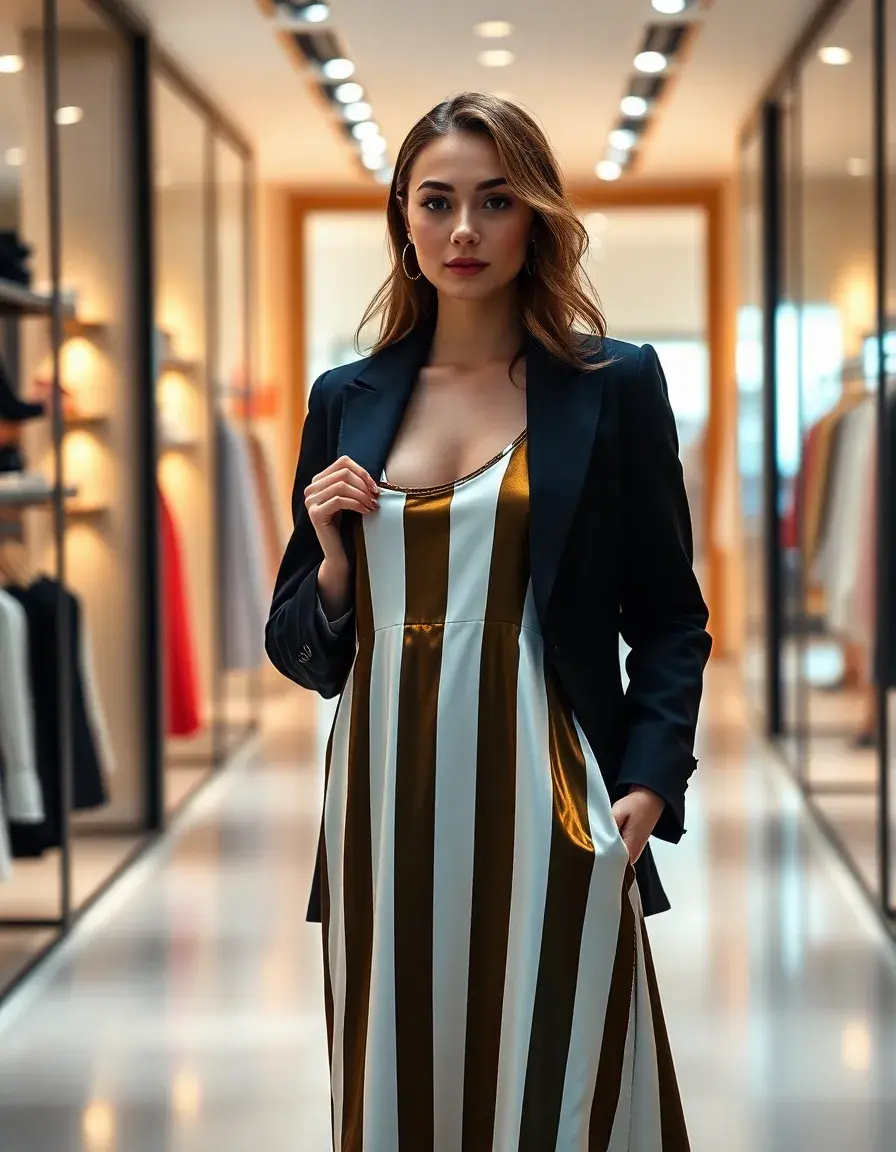 Donna in boutique con vestito a righe che mostra l'illusione bianco oro o blu e nero