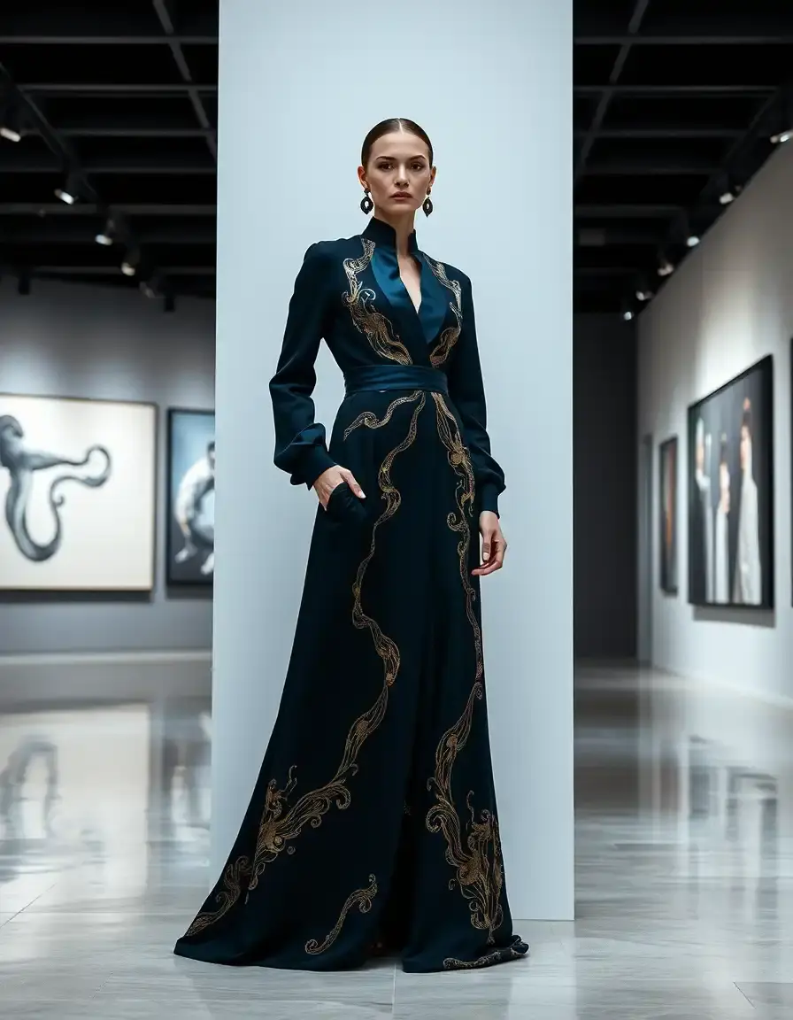 Elegante vestito multicolore blu nero oro e bianco in un contesto di alta moda