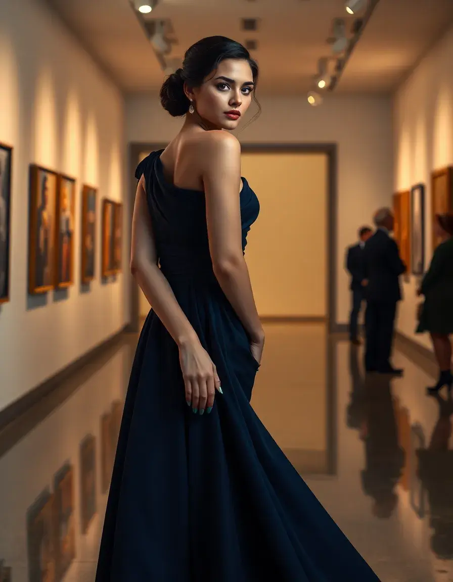 Elegante vestito blu nero indossato da una donna in una galleria d'arte moderna
