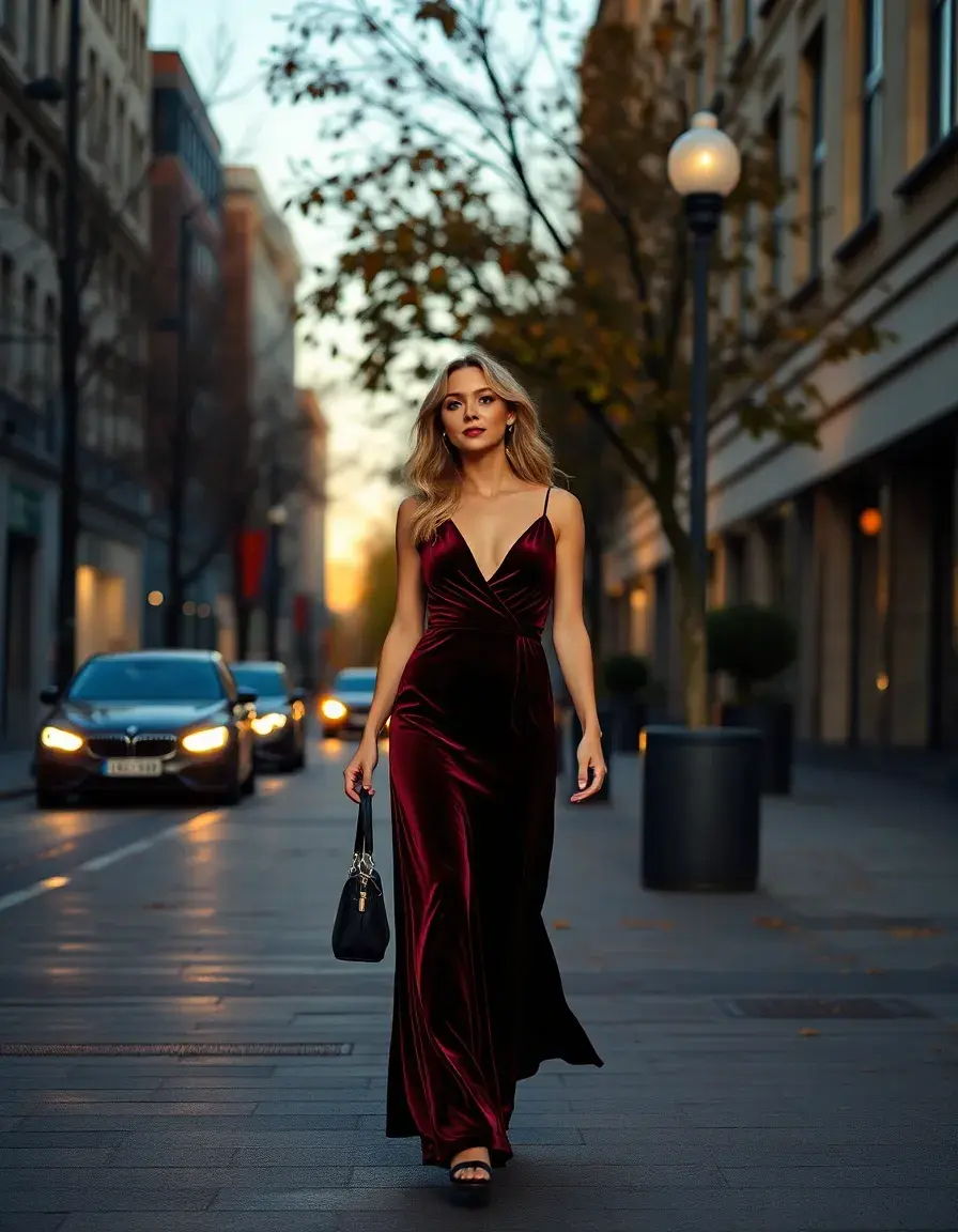 Donna elegante con vestito bordeaux in velluto cammina in una strada cittadina autunnale