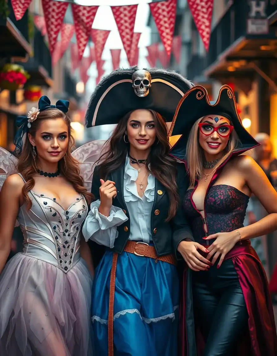Gruppo di donne con diversi modelli di vestito carnevale donna in una sfilata festosa