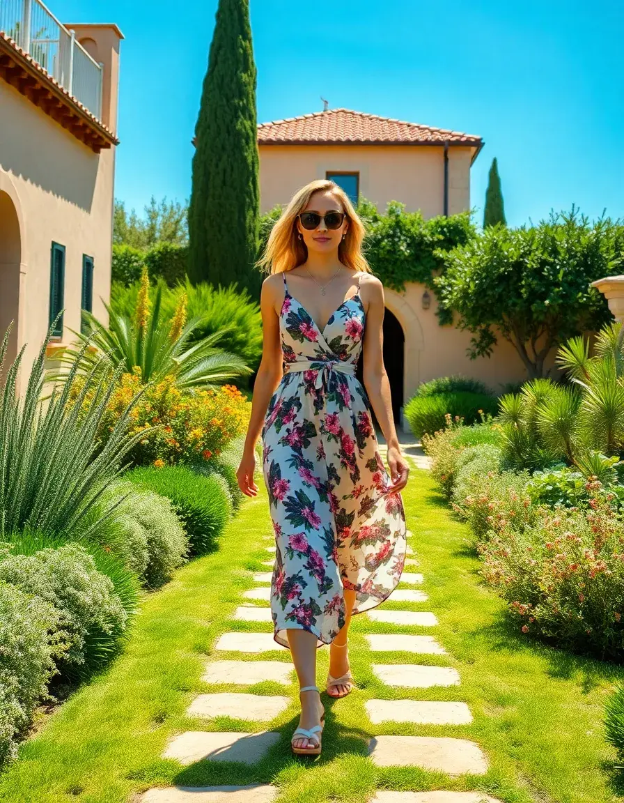 Donna con vestito donna estivo a fiori in un giardino soleggiato