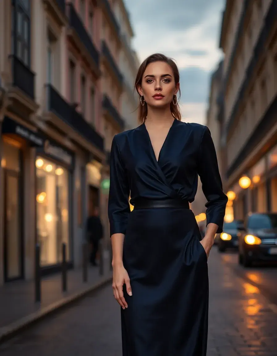 Donna elegante con vestito nero blu su una strada cittadina al tramonto