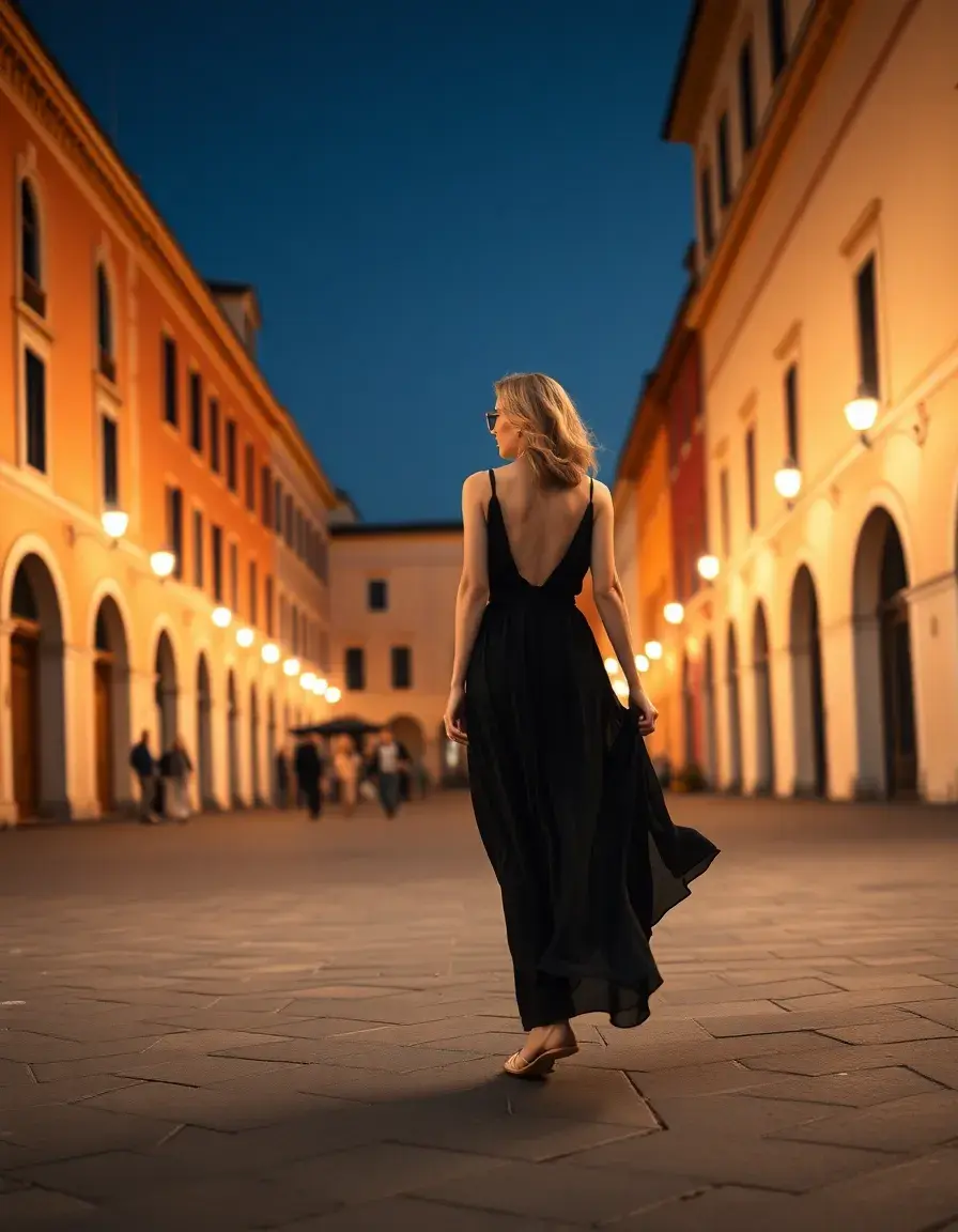 Donna elegante con vestito nero lungo in una piazza italiana al tramonto