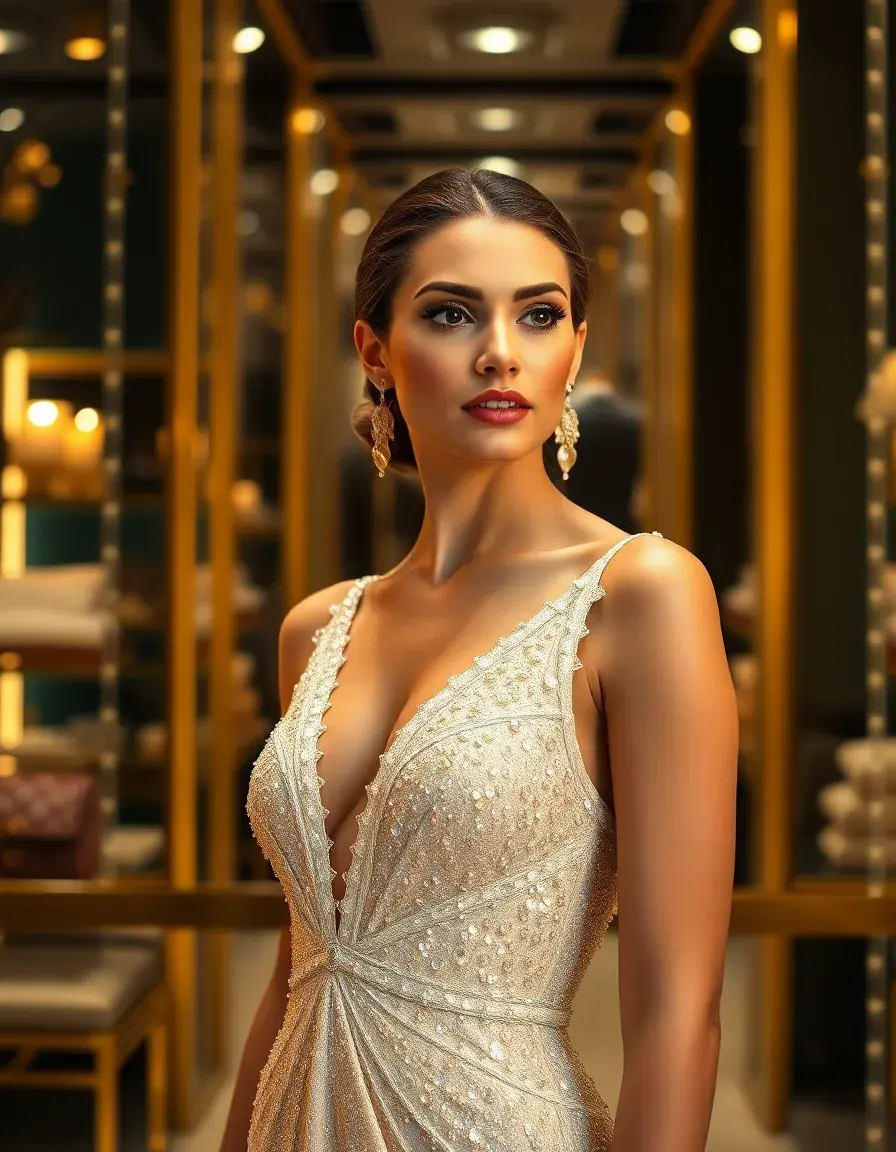 Donna elegante con indosso un luminoso vestito oro bianco in una boutique di lusso