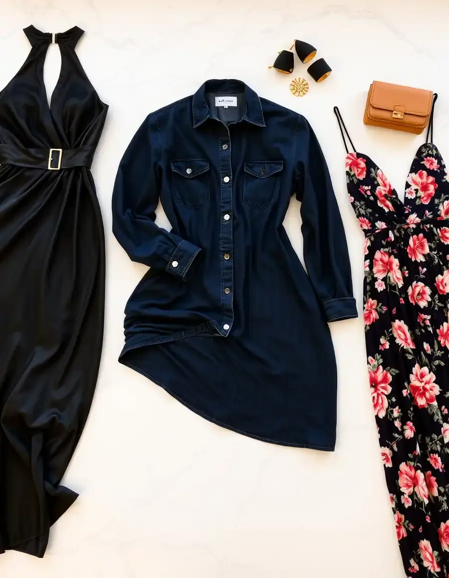 Varietà di stili di abiti donna eleganti e casual su sfondo marmo