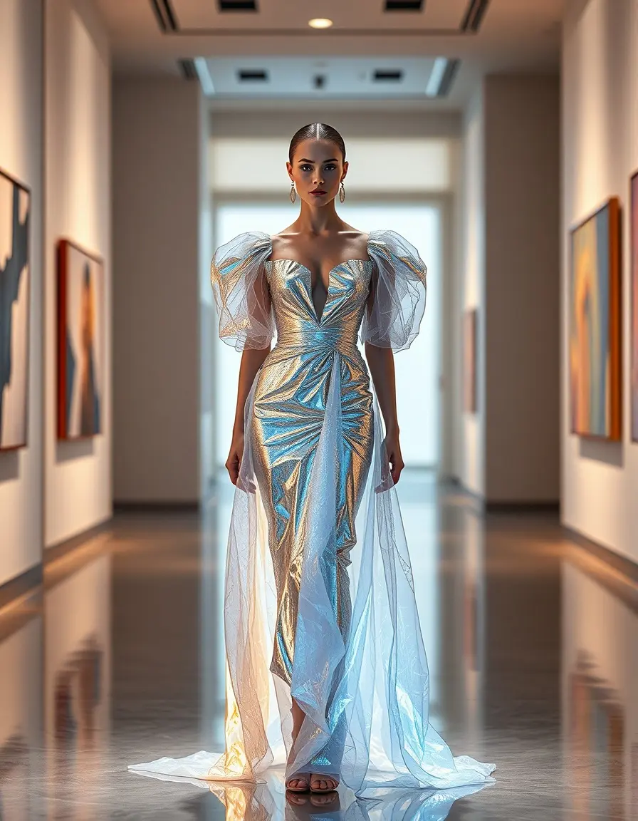 Donna con vestito elegante effetto illusion oro bianco blu e nero