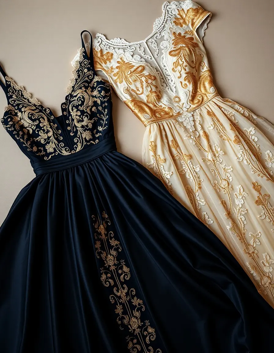 Confronto tra un vestito oro e bianco e un vestito nero e blu elegante