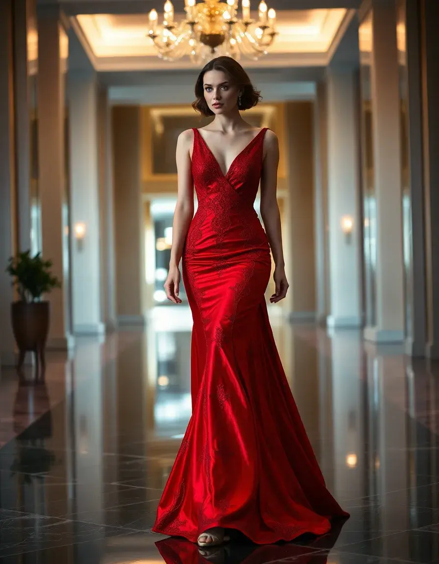 Donna elegante indossa un vestito per uccidere rosso in un ambiente di lusso