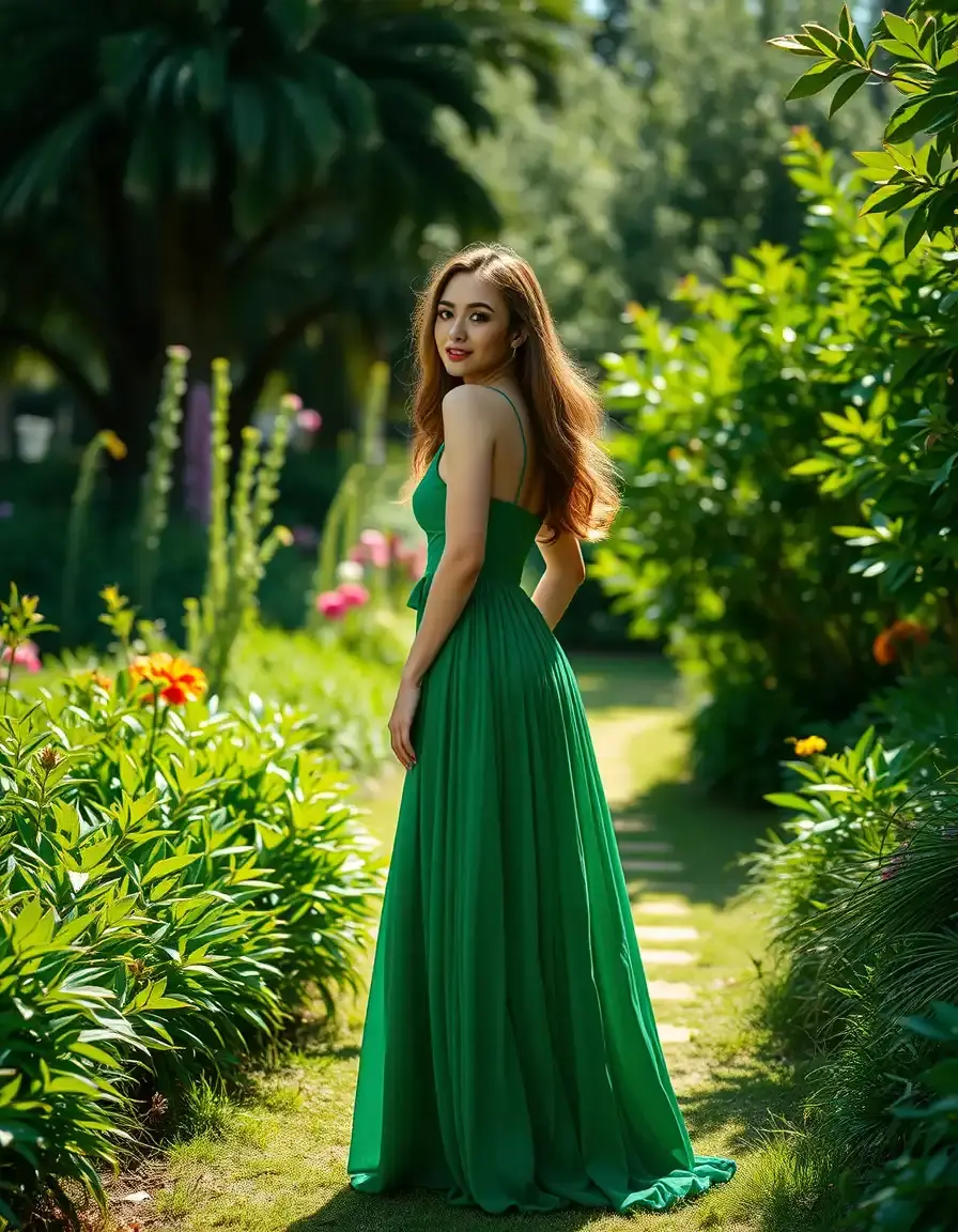 Donna elegante con indosso un vestito verde smeraldo lungo in un giardino soleggiato