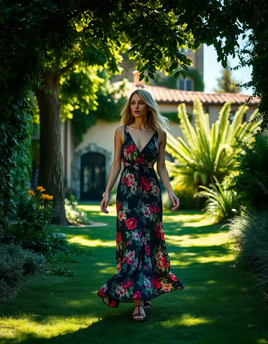 Donna elegante con abito lungo floreale in un giardino soleggiato