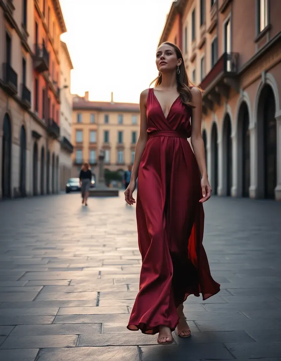 Donna elegante con abito lungo donna in seta in una piazza storica