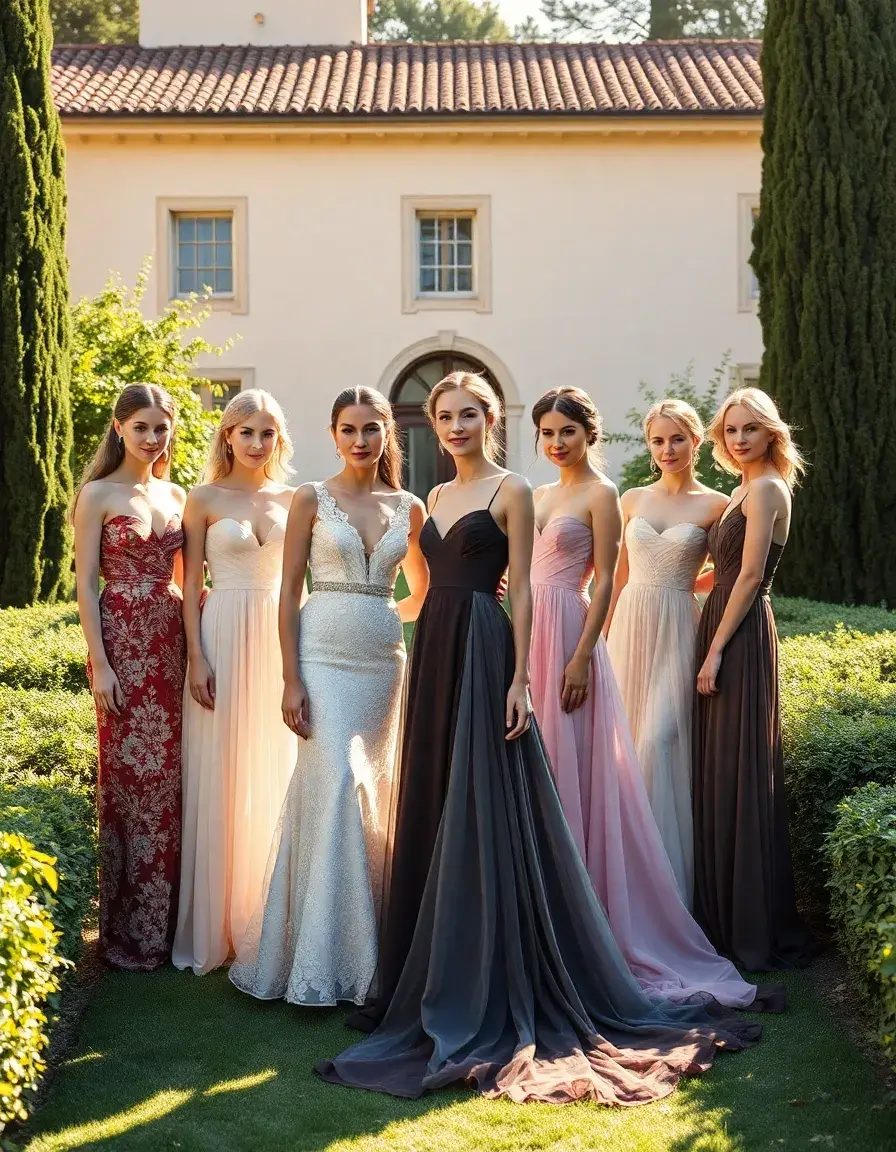 Eleganti abiti da cerimonia indossati da donne in un giardino lussuoso